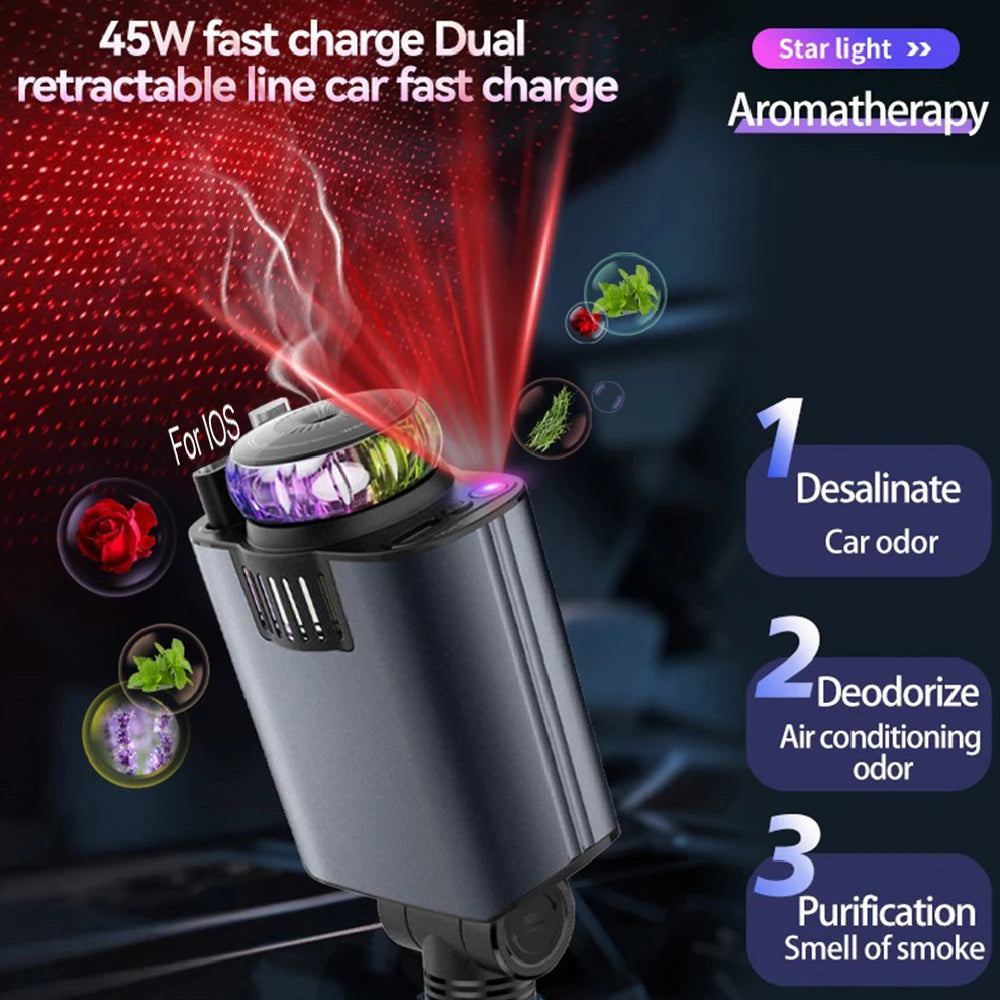 5-in-1 PD45W Car Charger – USB-C Fast Charger with Roof Starlight & Aromatherapy Air Freshener for iOS & Android