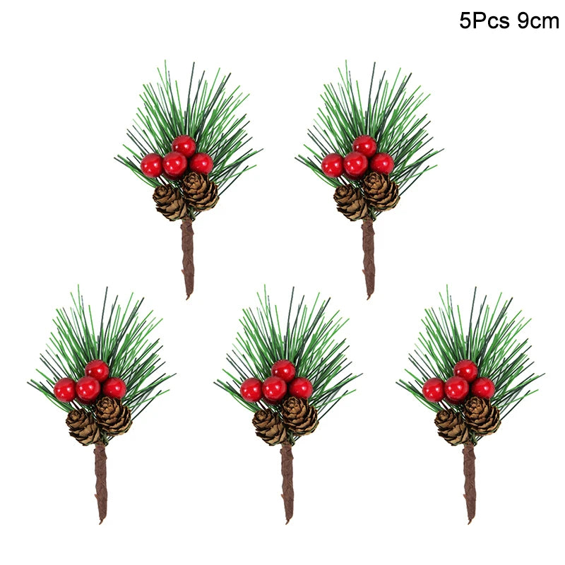 5Pcs Christmas Red Berry Articifial Flower Pine Cone Branch Christmas Tree Decorations Ornament Gift Packaging Home DIY Wreath