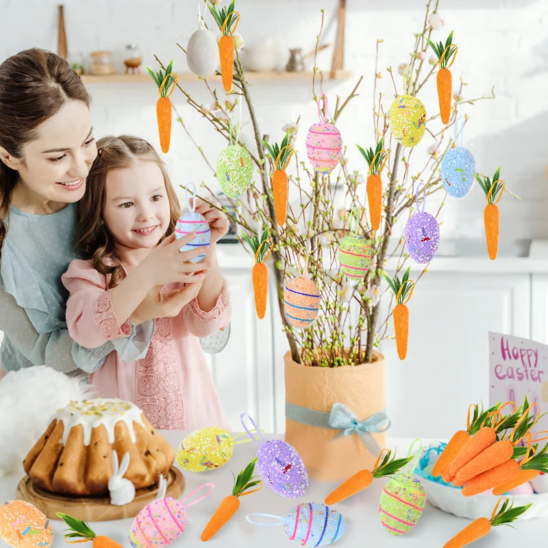 24/6pcs Painted Foam Easter Eggs Rabbit Hanging Ornaments Decoration for Home Easter Tree Pendants Basket Decor Kids Gift 2025