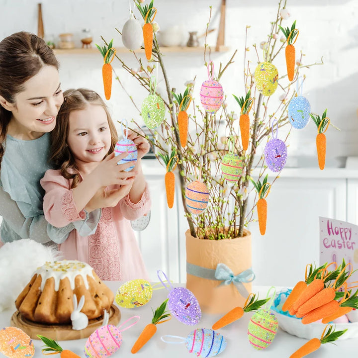 24/6pcs Painted Foam Easter Eggs Rabbit Hanging Ornaments Decoration for Home Easter Tree Pendants Basket Decor Kids Gift 2025