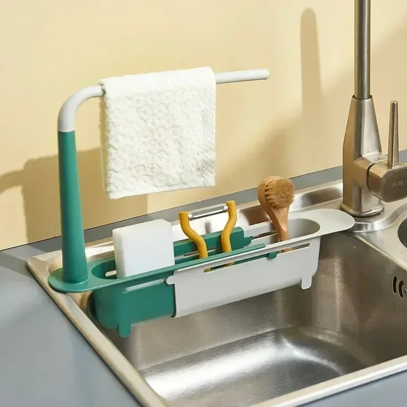 Telescopic Sink Drain Rack – Kitchen Storage Basket Organizer for Soap, Sponge & Accessories