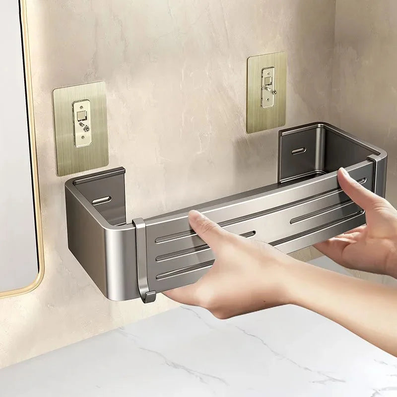Space Aluminum Bathroom Shelf Self Adhesive Wall Mount Shower Rack No Drill Shampoo Hanger Bath Room Makeup Basket Storage Caddy
