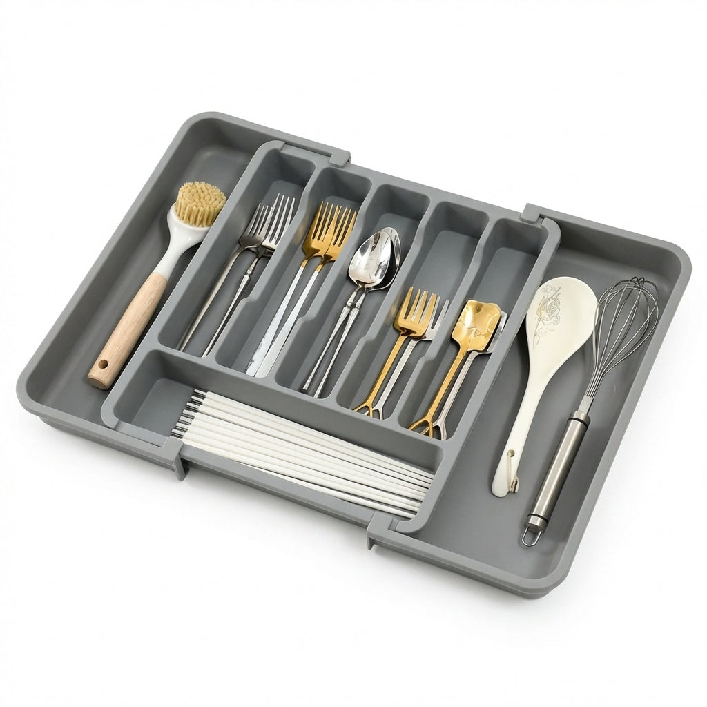 Organizador de cajones de cocina expandible: caja retráctil ajustable para guardar cubiertos con divisores para utensilios y organización del hogar.